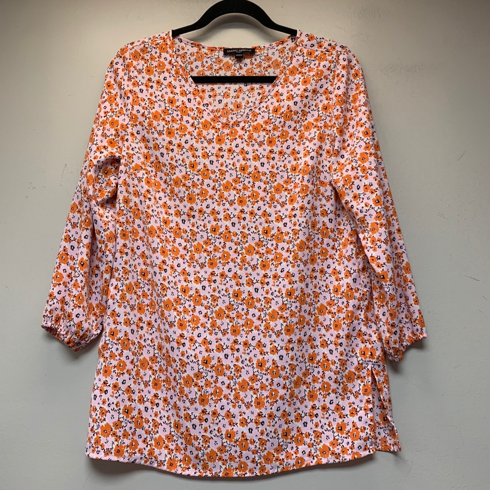 Mario Serrani Tunic Top Women XS‎ Pink Orange Excellent Floral V-Neck 3/4 Sleeve